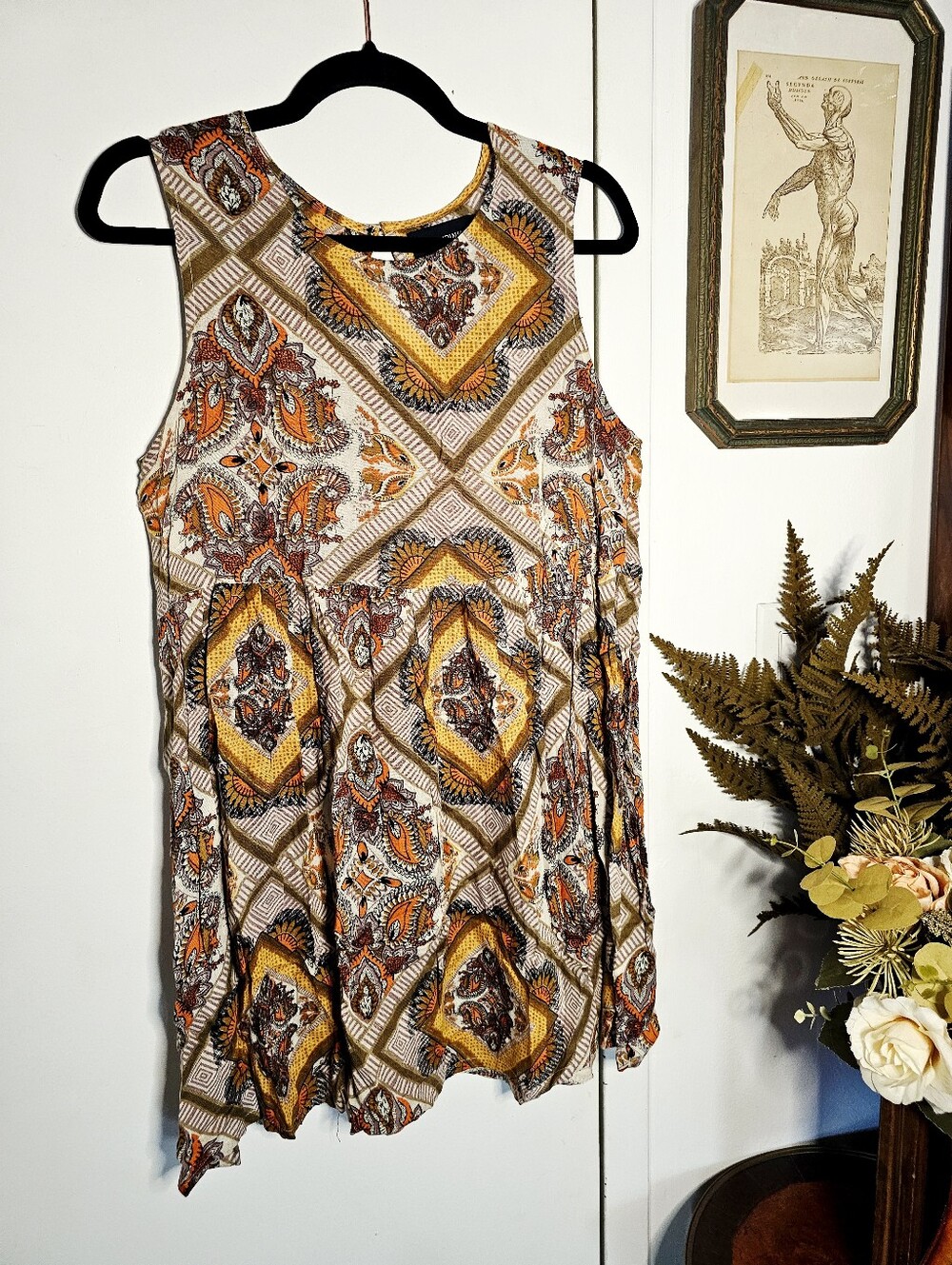 MINKPINK Paisley Babydoll Mini Dress Tunic Size S Patterned Boho Fall Colors
